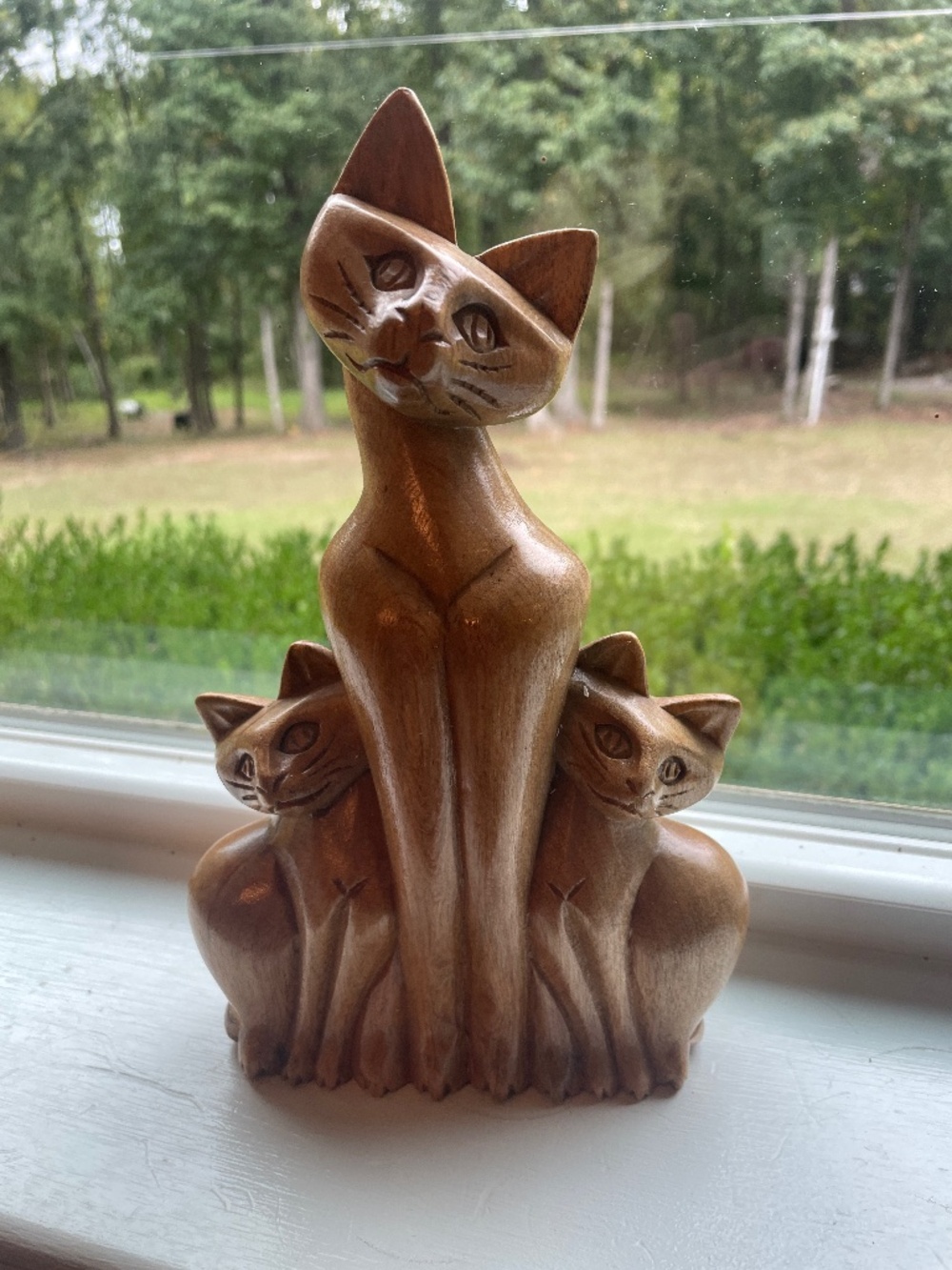 Vintage hand carved wood Cat trio